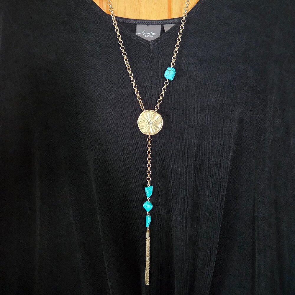 Chico's Brushed Goldtone and Faux Turquoise Reversible Boho Tassel Necklace
